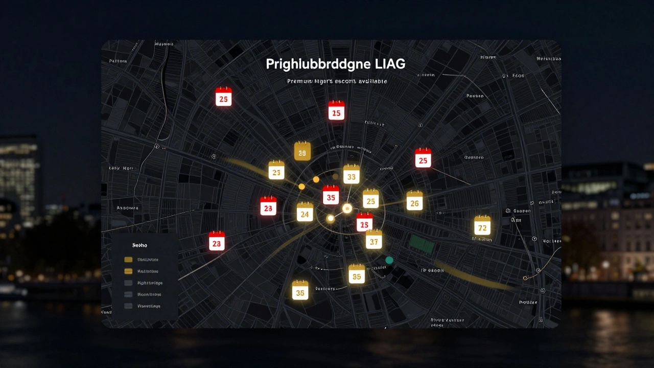 A digital booking map showing premium escort availability across London districts.