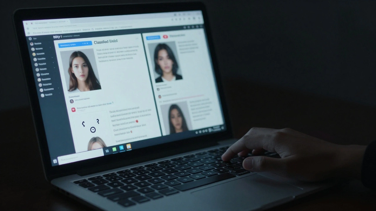 A glowing laptop screen showing blurred ads and encrypted messages in a dark room, symbolizing hidden exploitation.