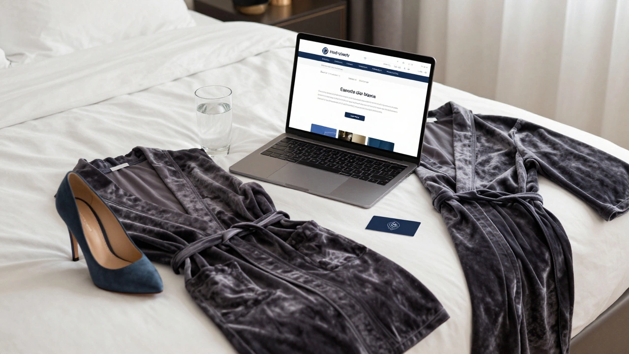 A high-heeled shoe and velvet robe on a hotel bed with an agency business card nearby.