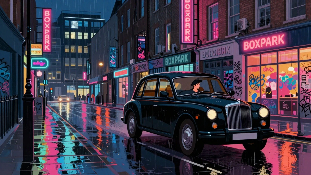 A luxury car drives through rain-soaked Shoreditch at night, neon signs and Boxpark reflections glowing on wet streets.