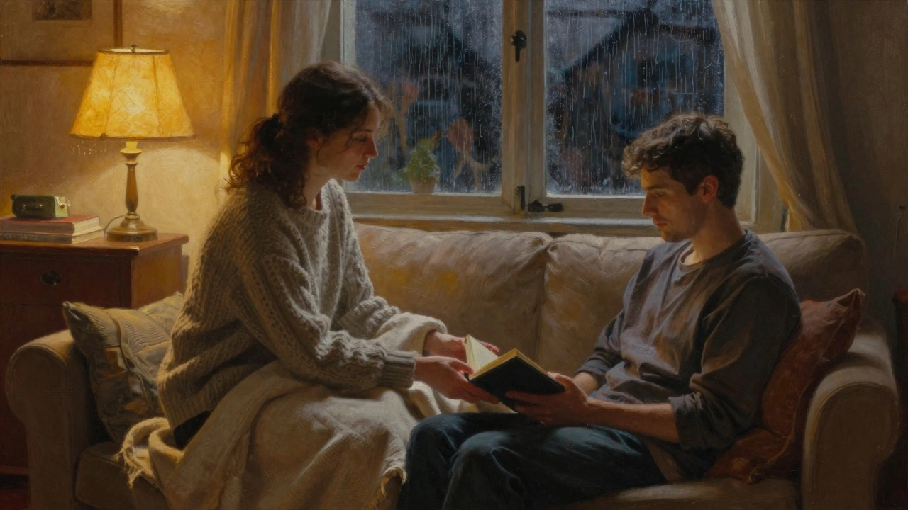 A man and woman sitting comfortably on a sofa, sharing quiet companionship in a softly lit London apartment.