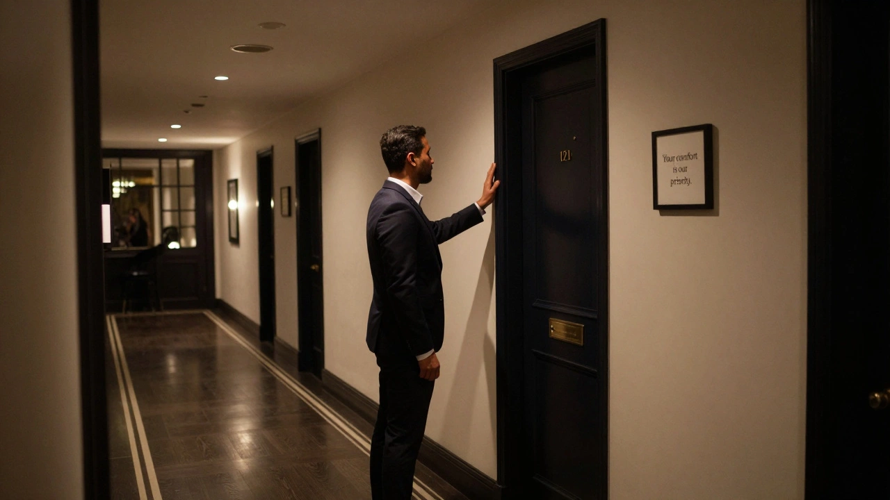 A man pausing before knocking on a hotel room door in Mayfair, with a reassuring note on the wall emphasizing comfort and professionalism.