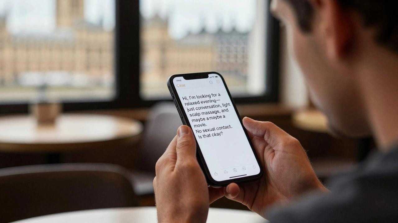 A man typing a clear message on his phone in a cozy London café, expressing his desire for non-sexual companionship.
