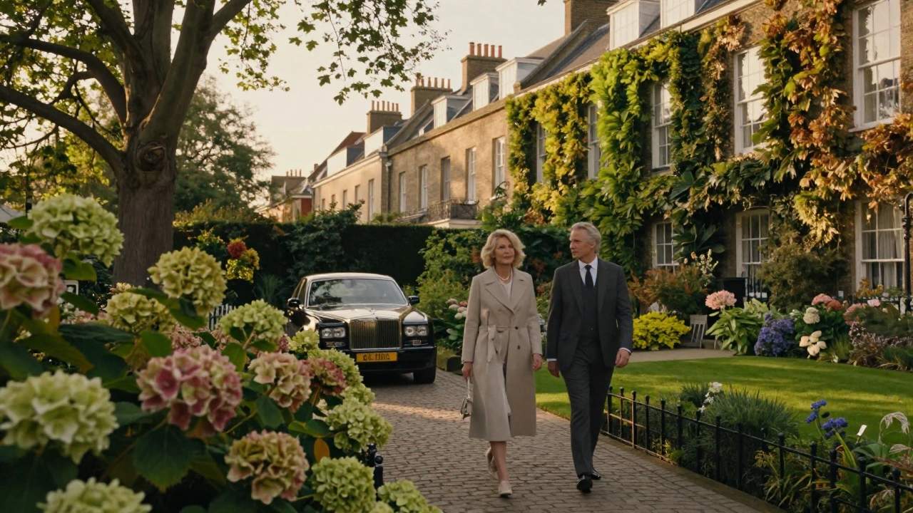A mature woman and man walking peacefully through a private garden in Hampstead at sunset.