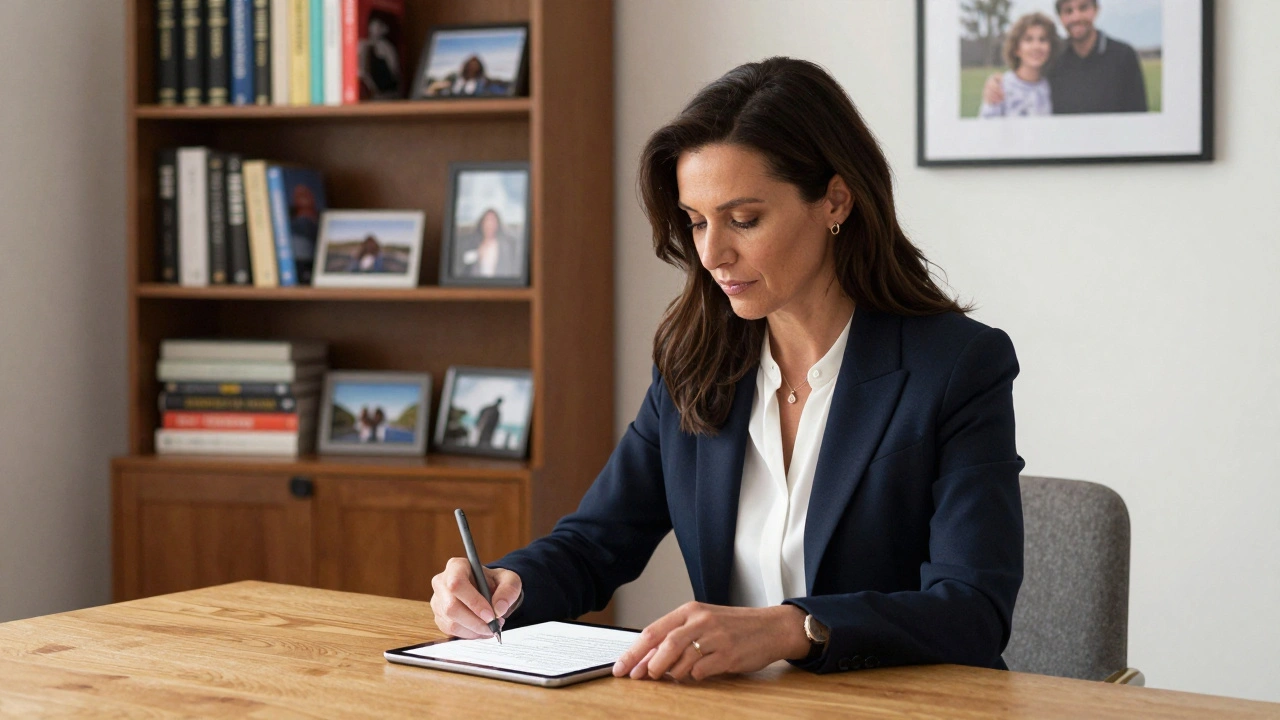 A mature woman writes a message on a tablet at a wooden dining table, surrounded by books and personal photos.