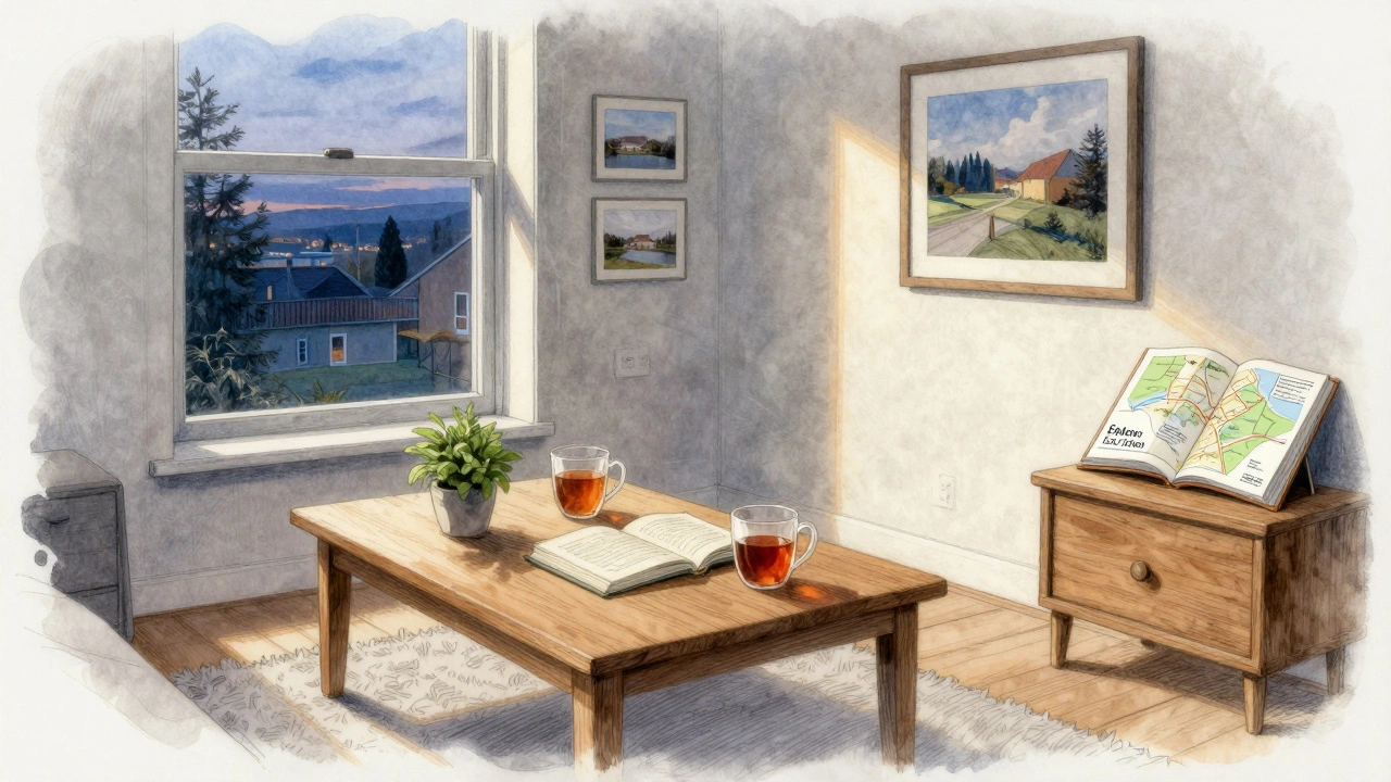 A peaceful Airbnb interior near Acton Green with tea mugs, a book, and a plant, bathed in soft黄昏 light.