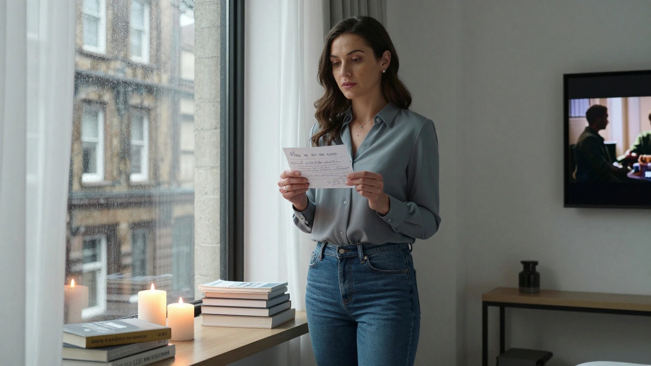 A professional escort in a calm hotel room, holding a handwritten coffee note with natural light streaming in.