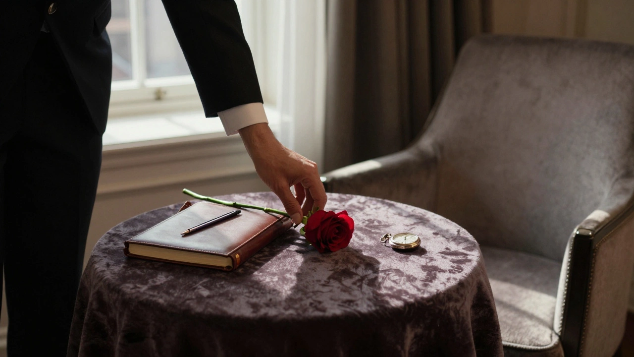 A rose and pocket watch on velvet beside a notebook, symbolizing discreet companionship in a Mayfair suite.