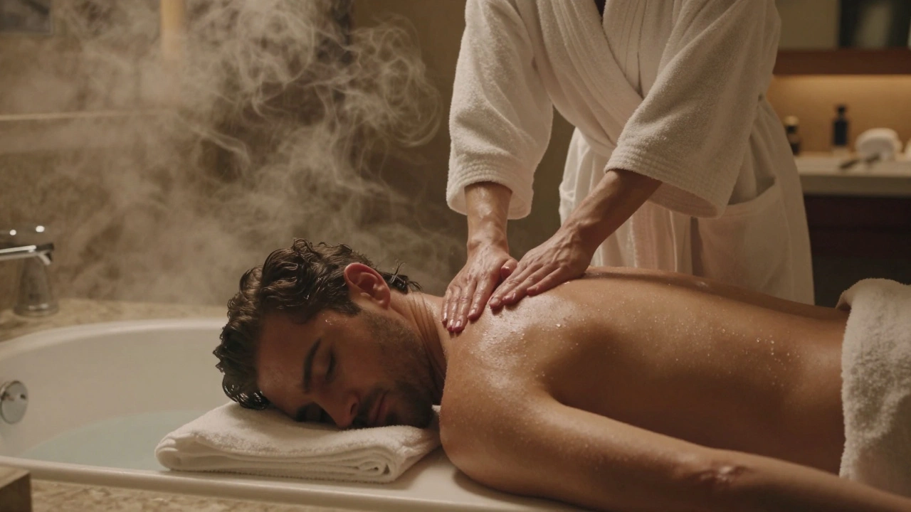 A sensual massage in a steamy hotel bathroom, focused on gentle hands and relaxed posture.