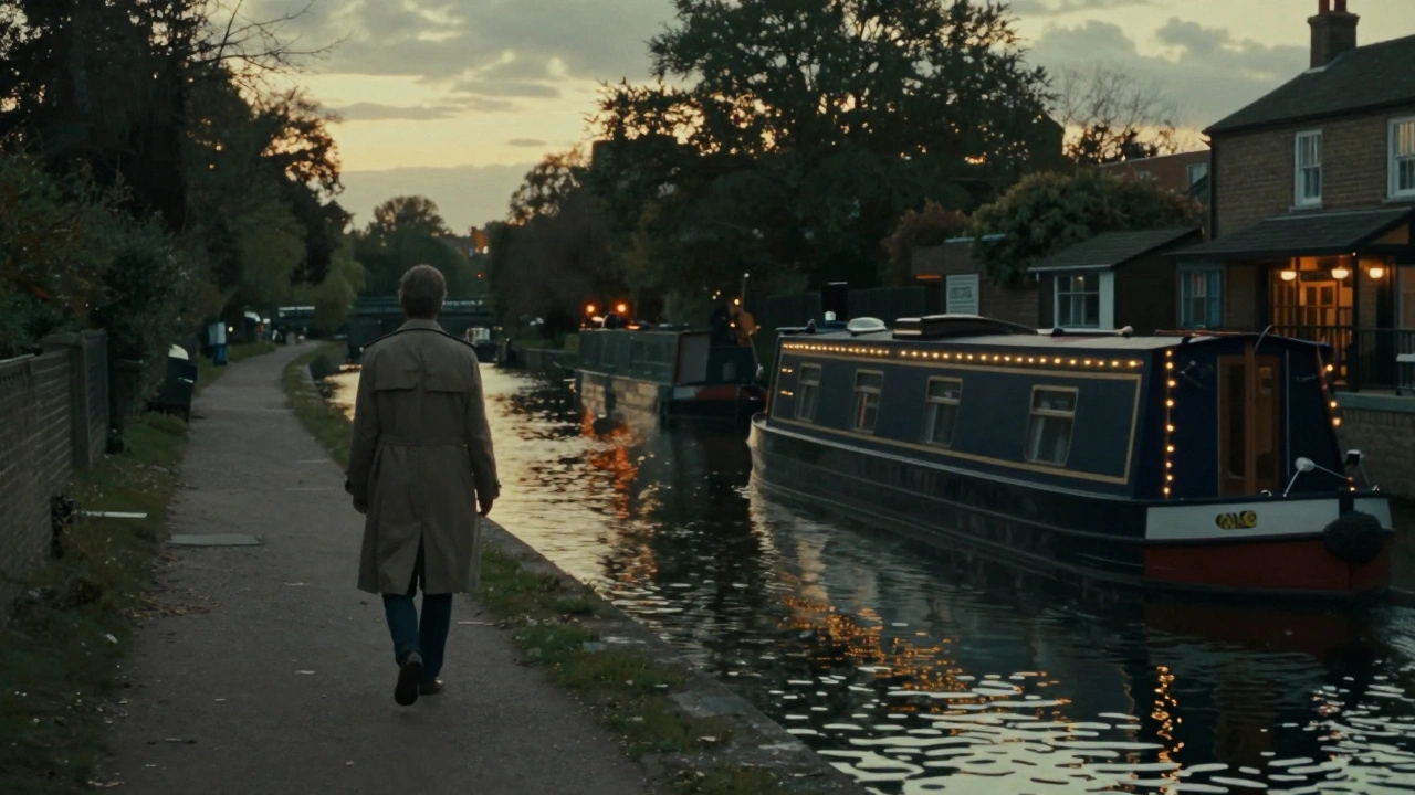 A solitary figure walking along Camden's Regent’s Canal at dusk, soft lights reflecting on water.