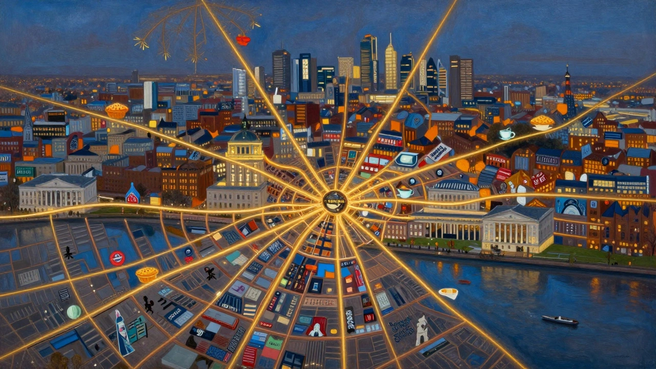 A stylized map of London shows golden escort routes connecting Heathrow to iconic neighborhoods with cultural symbols along the way.