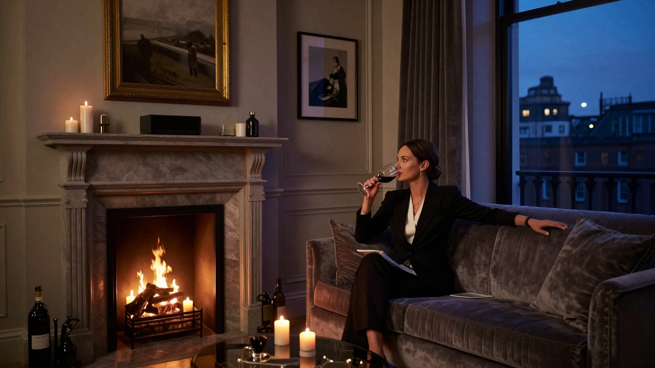 A VIP escort relaxing in a candlelit penthouse with a view of London&#039;s skyline.