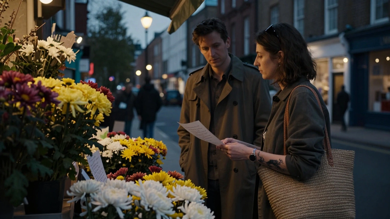 A woman at Columbia Road Market hands a poem to a listener as dusk falls among blooming flowers.