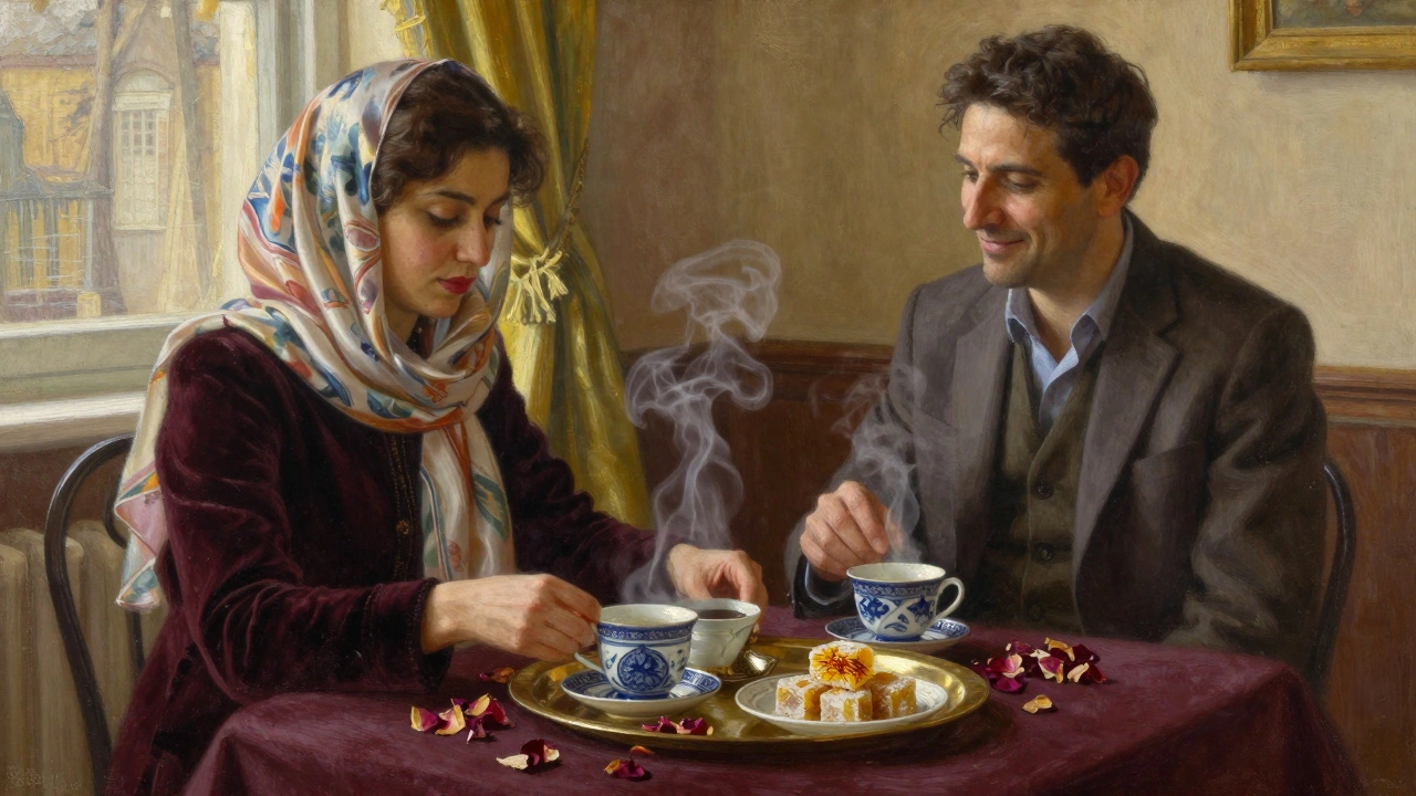 A woman hosting a Persian tea ceremony with ceramic cups and rose petals in a cozy Hounslow townhouse.