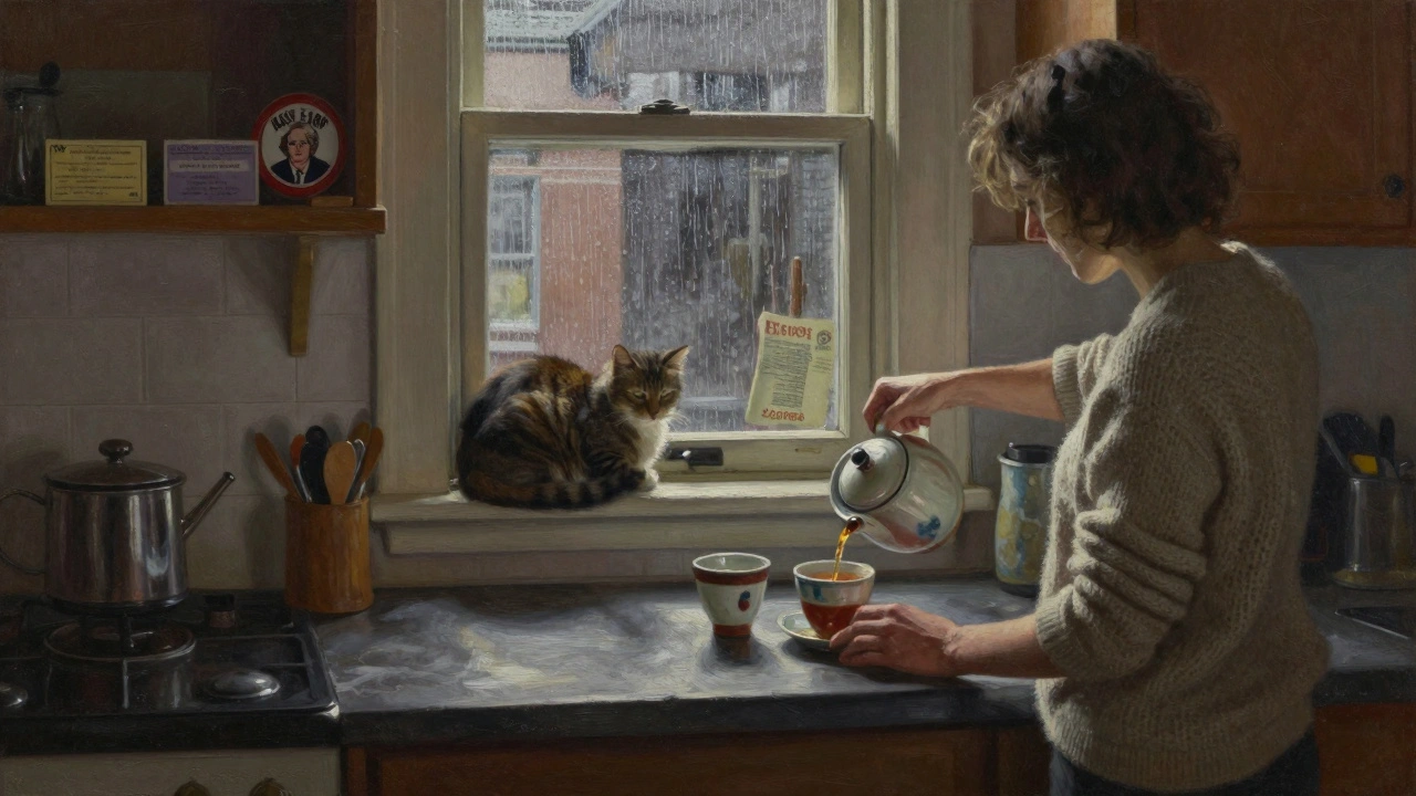 A woman pours tea in a rainy East London kitchen, cat on the windowsill, warm lamplight glowing.