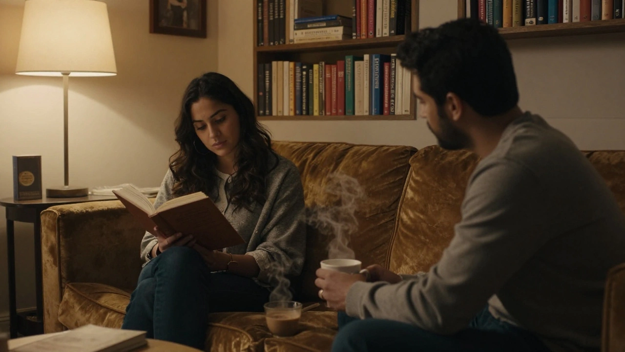 A woman reads poetry to a client in a cozy flat, with tea and books nearby, lamplight glowing warmly.