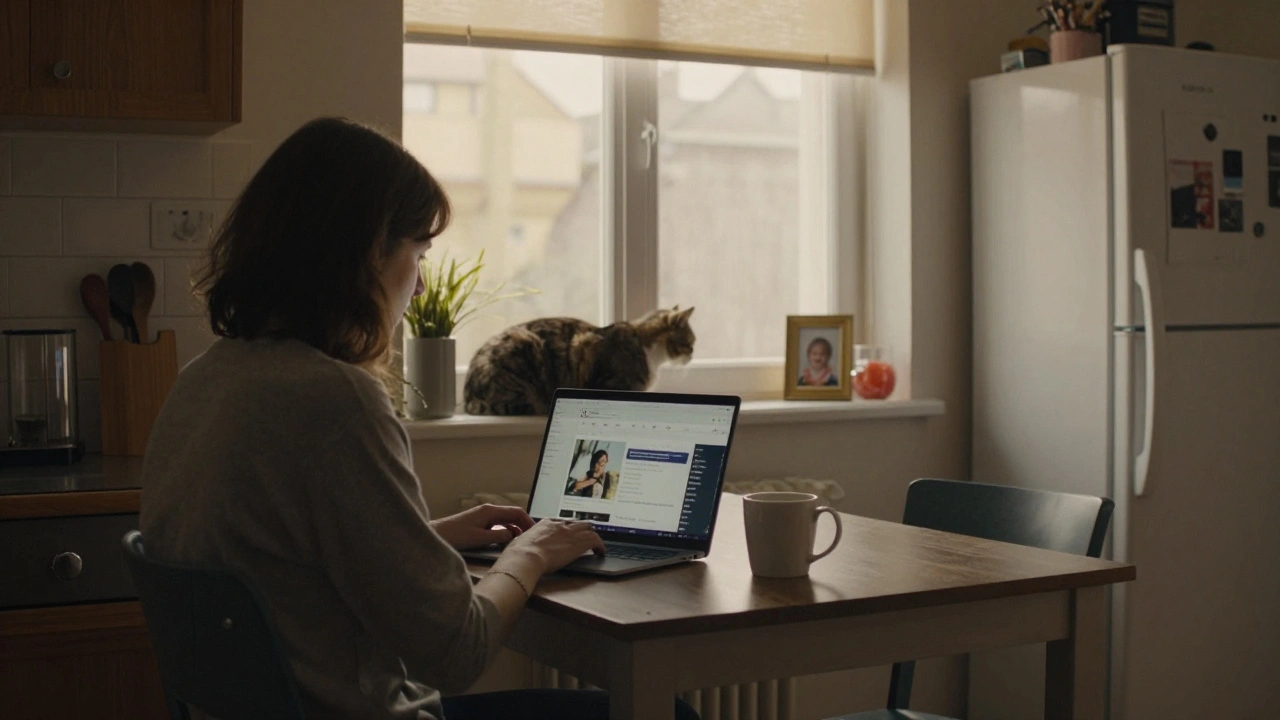 A woman reviewing a screen at her kitchen table with a cat on the windowsill and a child's photo on the fridge.