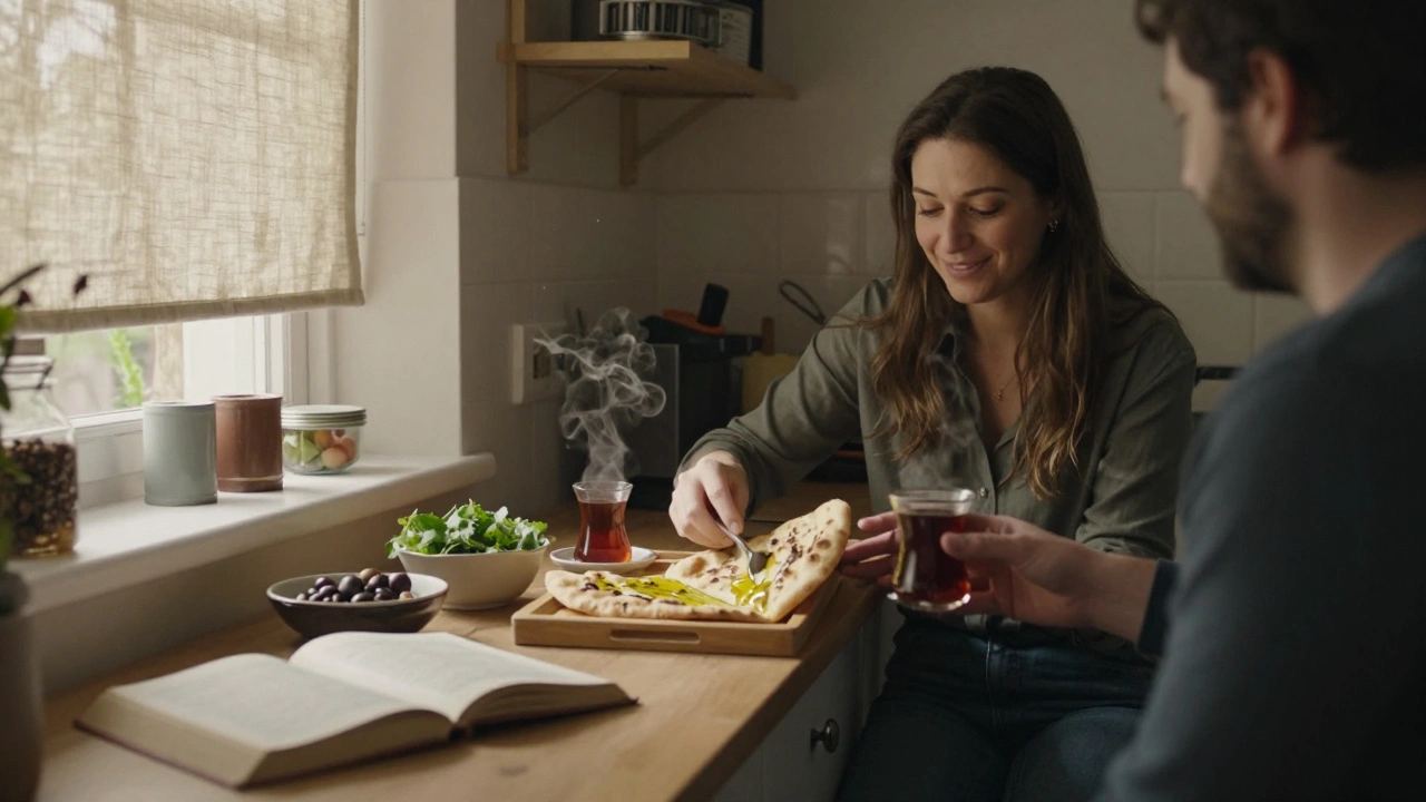 A woman serving tea and food in a cozy kitchen, sunlight streaming through curtains.