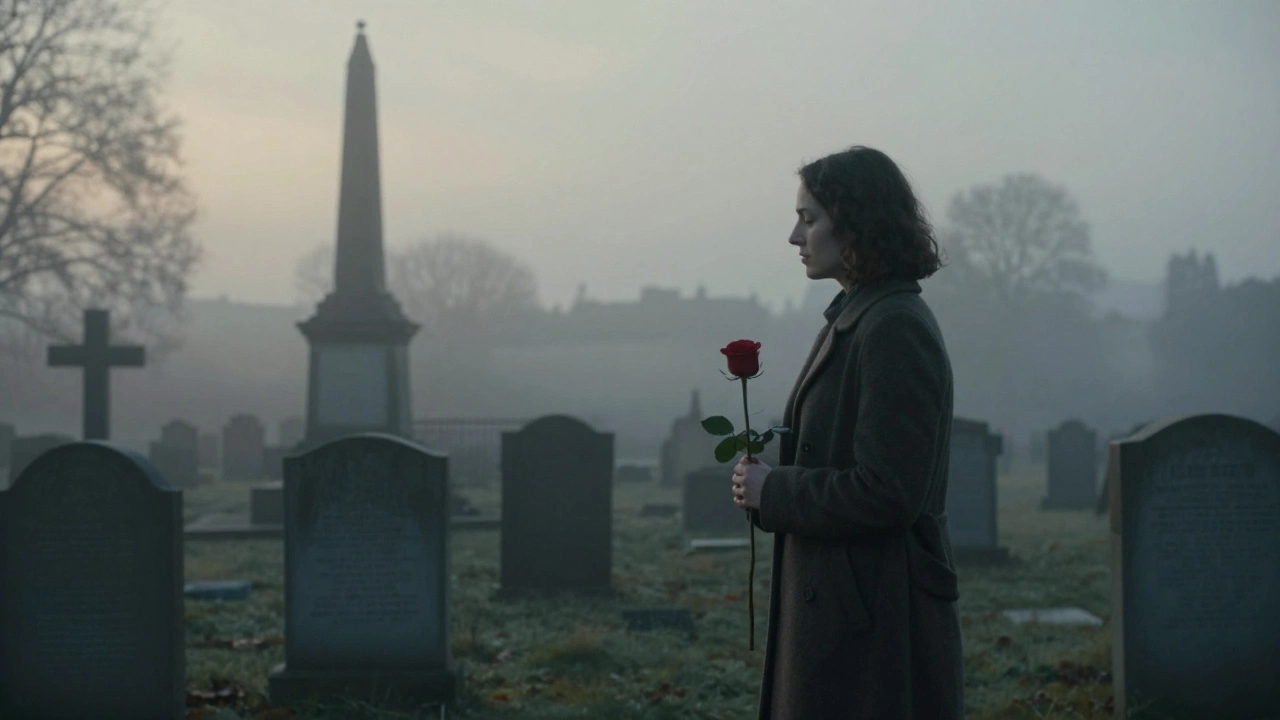 A woman stands alone in Highgate Cemetery at dawn, holding a rose as mist wraps around historic gravestones.