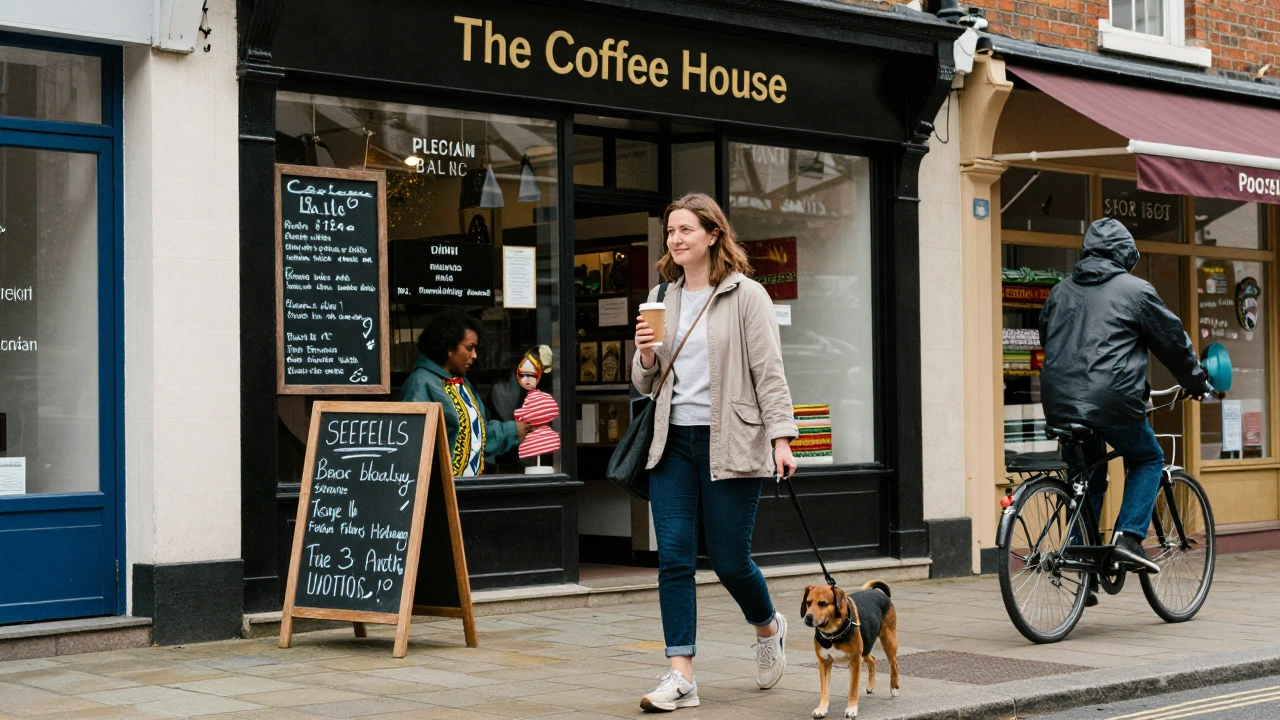 A woman walks her dog down Enfield High Street, holding coffee, passing local shops with diverse cultural signs.