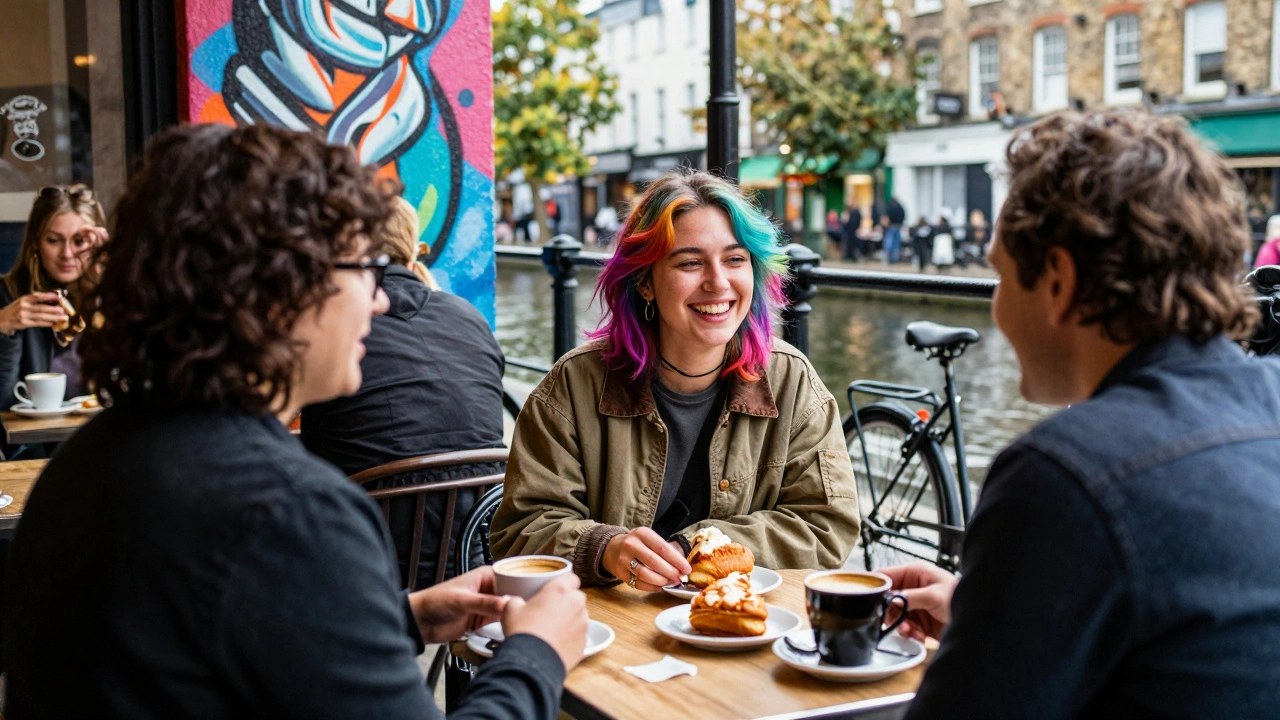 A young woman and client enjoying coffee together at a Camden café beside the canal.