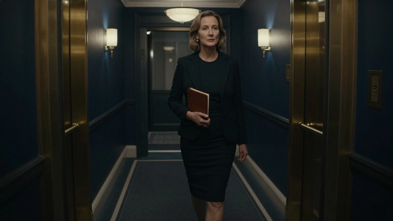 An independent mature escort walks alone through a luxury hotel corridor at night, exuding quiet confidence.