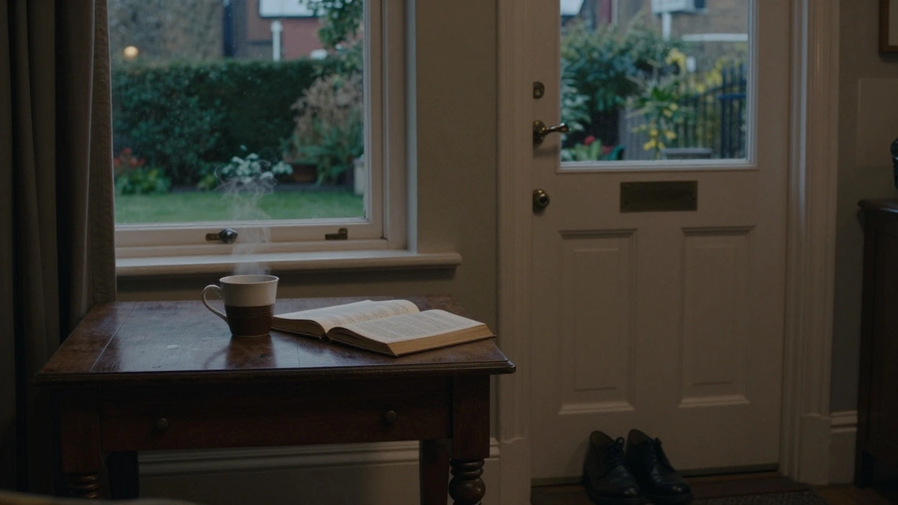 Cozy Victorian flat interior with coffee, book, and evening light through a window.