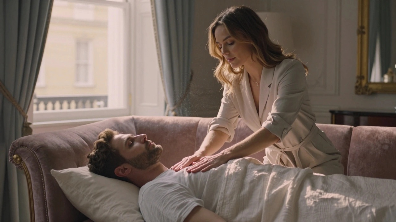 Gentle massage in a luxurious setting, focused on tenderness and presence.