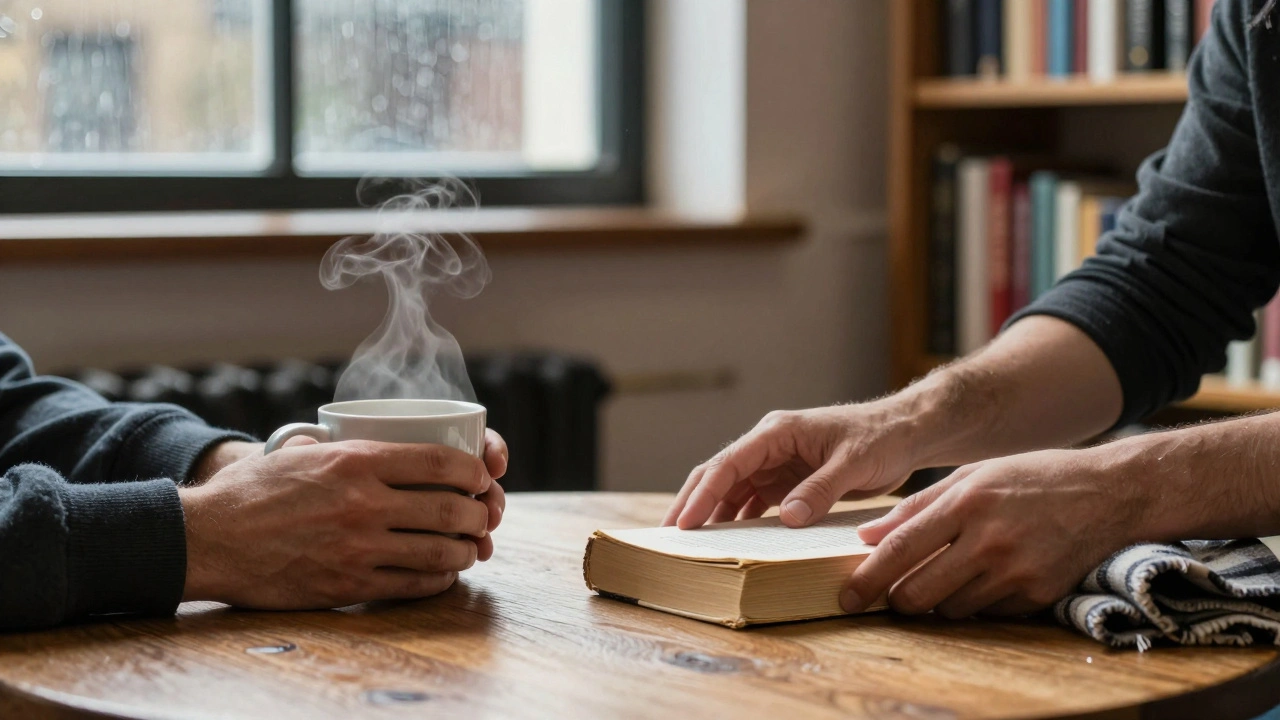 Hands placing a teacup and book on a wooden table, rain streaking a window in a cozy North London flat.