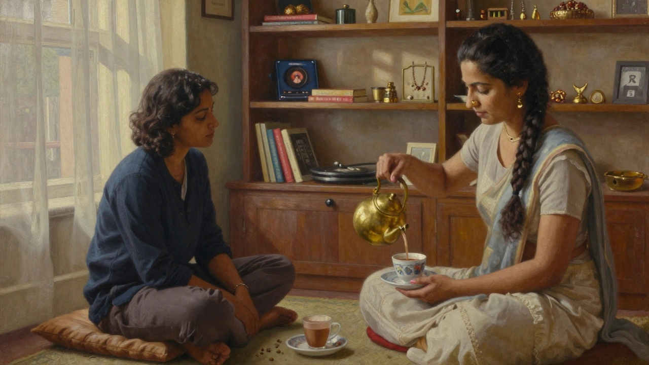 Inside a cozy Southall flat, a woman pours chai as a client listens quietly, surrounded by books and cultural details.