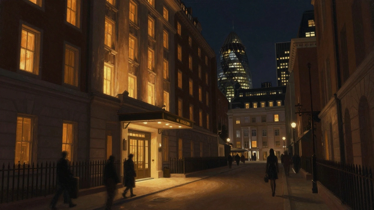 London skyline at night with safe hotel locations glowing, while risky areas fade into shadow.