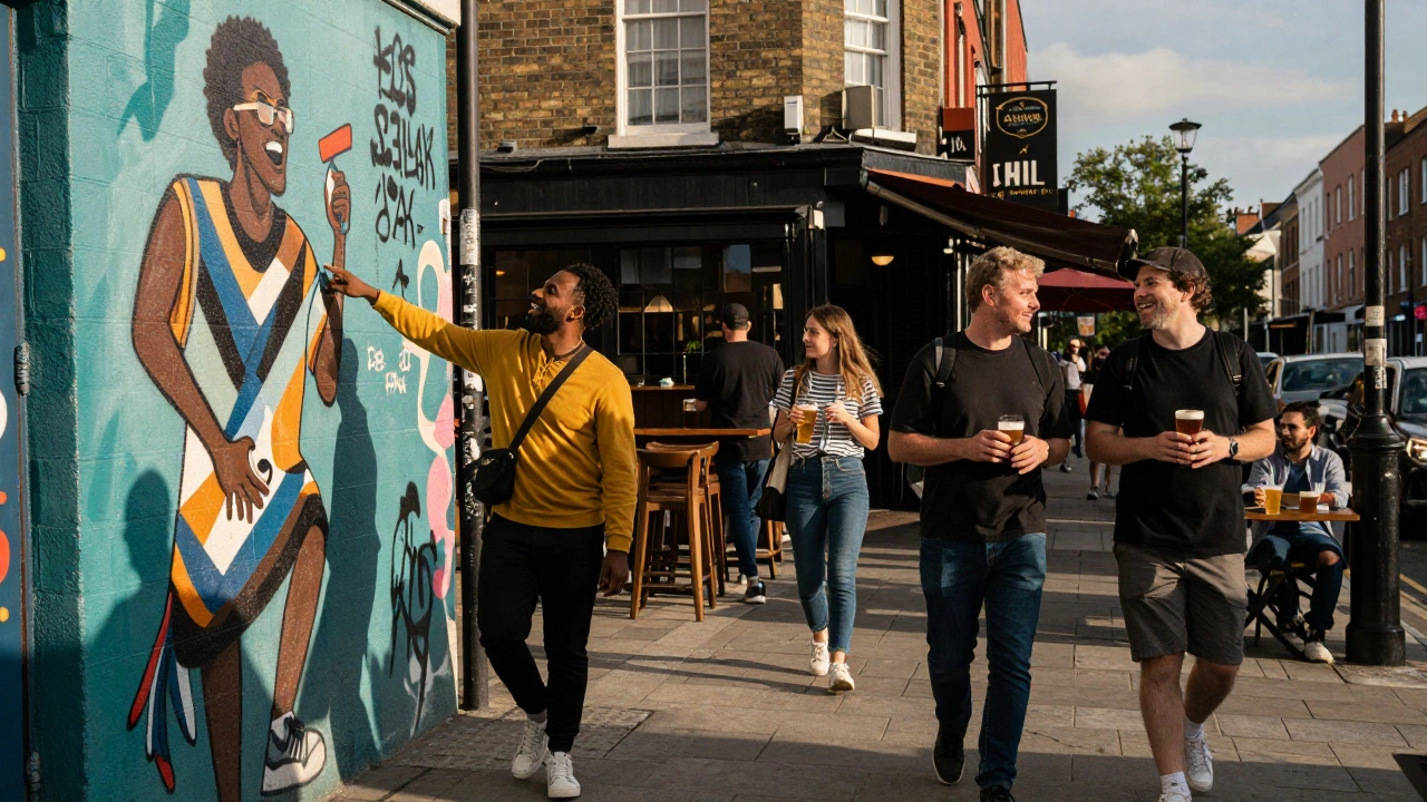 People walking and chatting in a vibrant East London street with colorful street art.