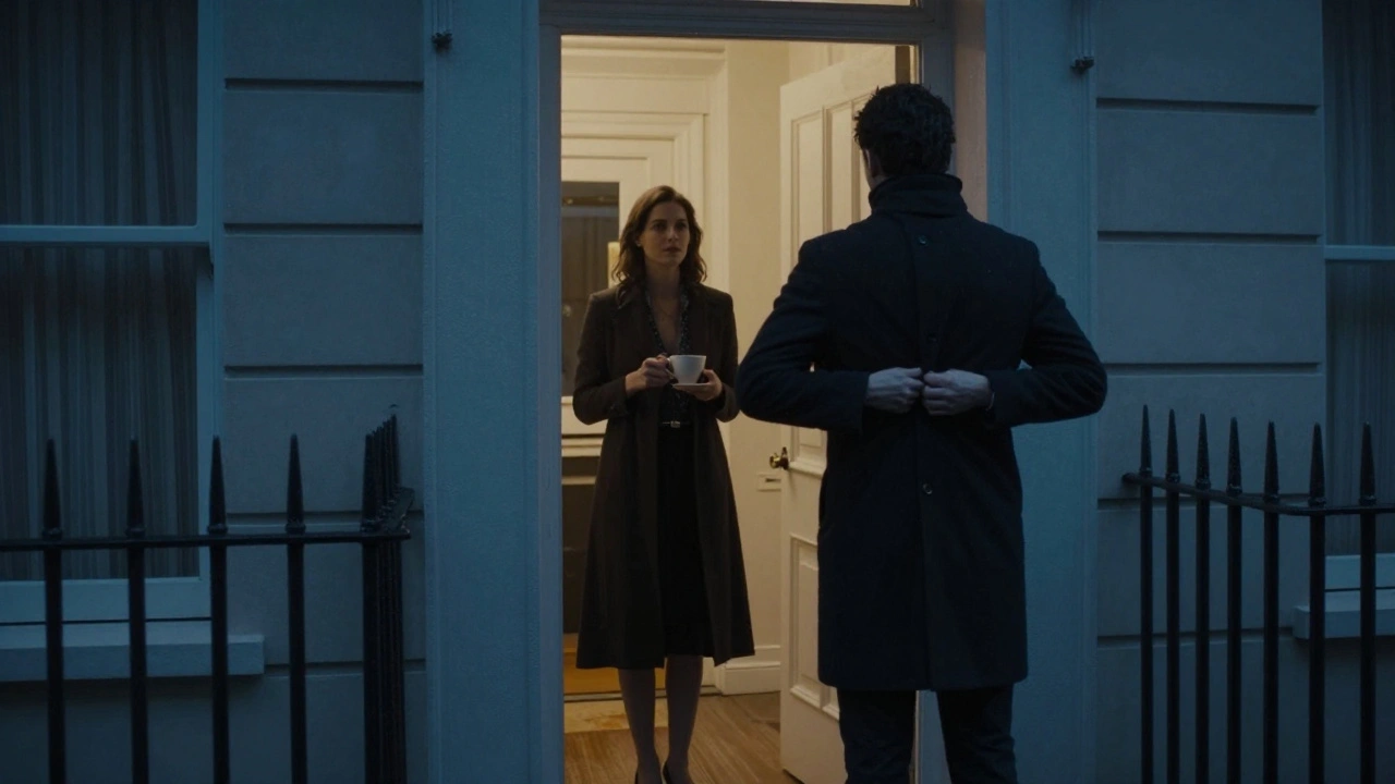 Silhouettes at a doorway at dusk, conveying respect and quiet farewell.