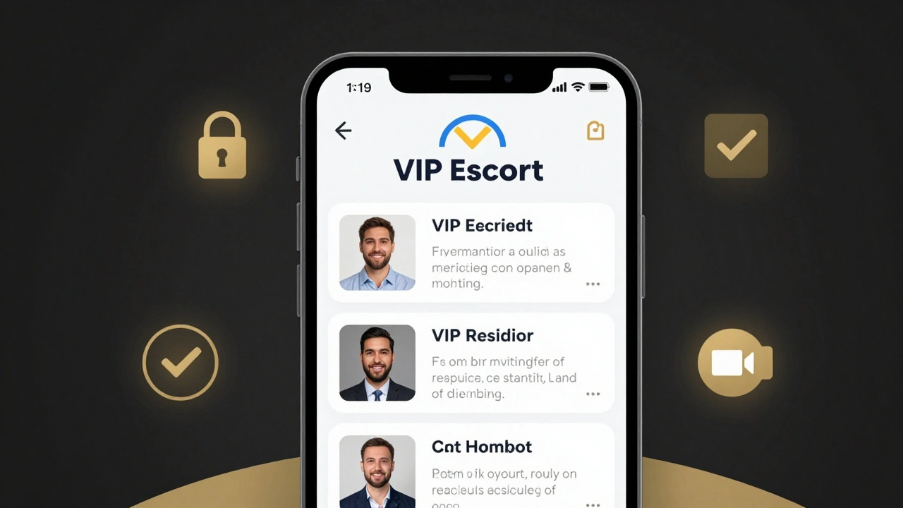 Smartphone screen showing a verified VIP escort profile with security badges and payment options.