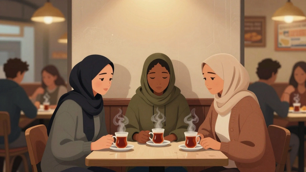 Three diverse women sharing tea in a quiet restaurant corner, shadows blending on the wall behind them.
