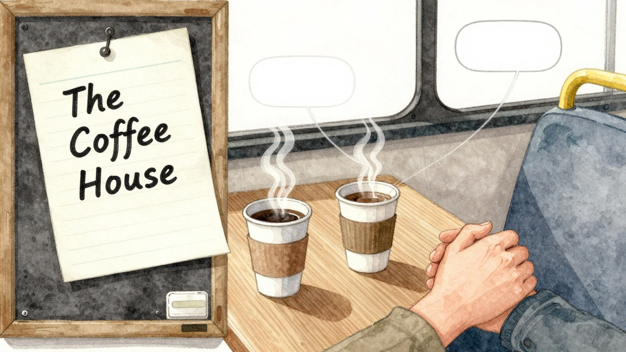 Three quiet moments of connection in Woolwich: a handwritten note, coffee on a table, and hands held on a bus.