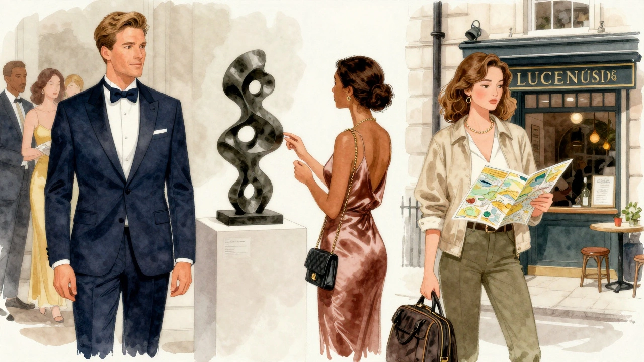 Three types of VIP escorts in London: corporate, art-focused, and travel companion, each in their setting.