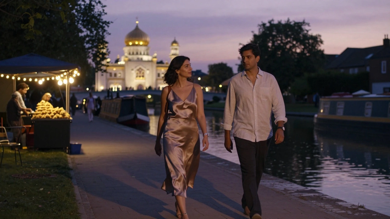 Two figures walk peacefully along the Grand Union Canal at twilight, the Gurdwara glowing softly in the background.