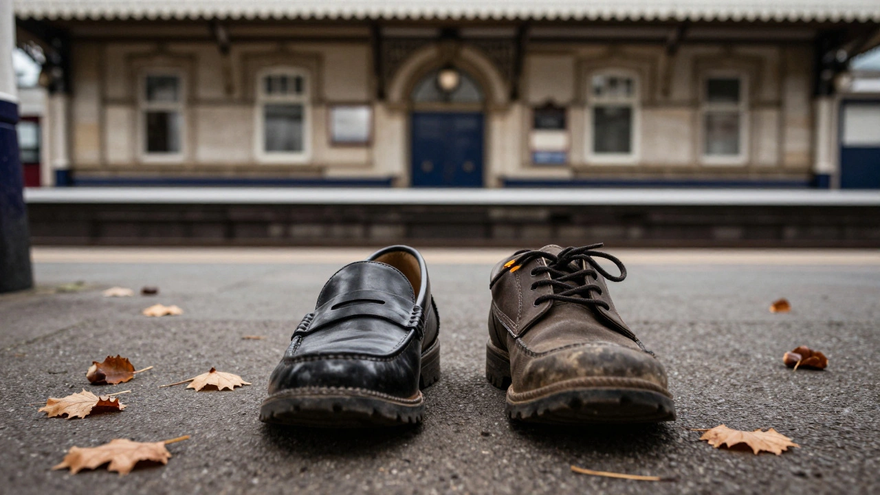 Two pairs of shoes side by side outside Ealing Broadway Station, surrounded by autumn leaves, symbolizing quiet companionship.