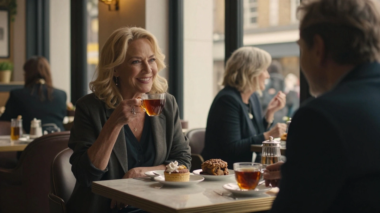 Two people having a quiet, respectful conversation in a London café at sunset.