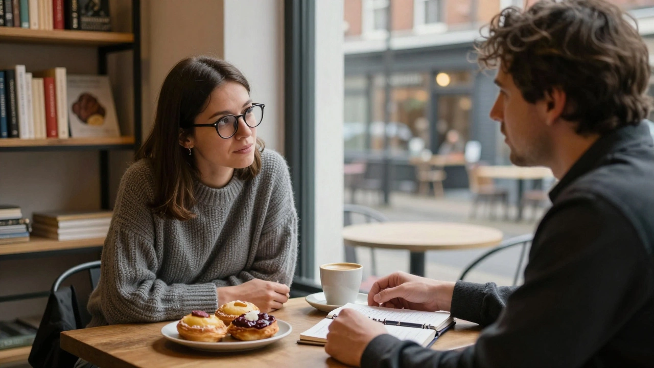 Two people share a quiet coffee in Islington, deeply engaged in conversation, surrounded by books and the soft glow of morning light.