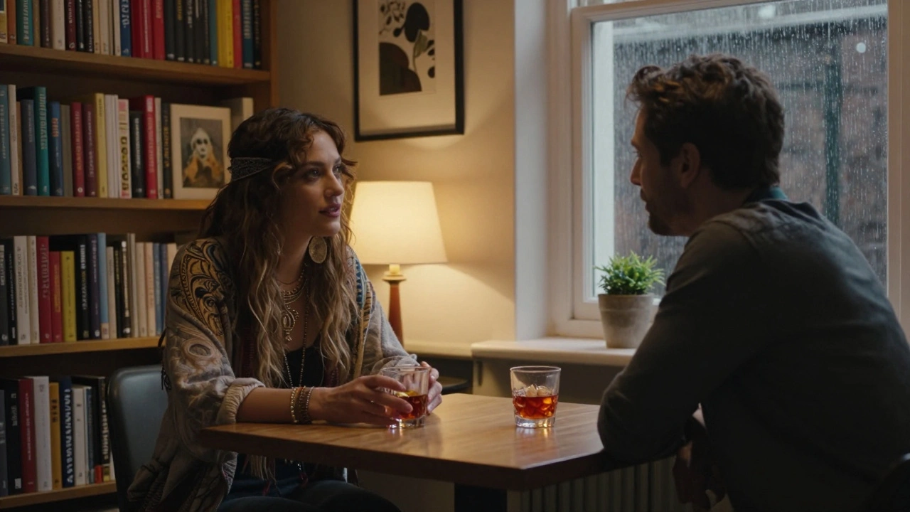 Two people share a quiet moment over negronis in a cozy Islington flat, surrounded by books and warm lamplight.