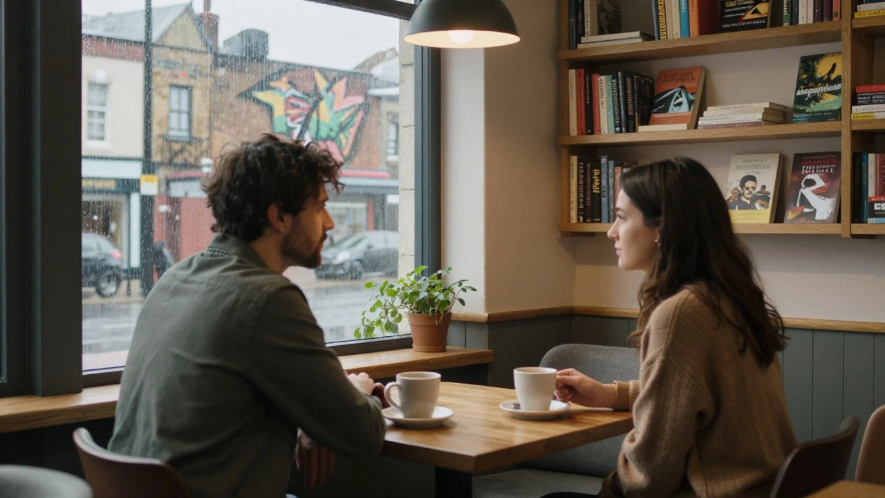 Two people share coffee in a quiet café near Woolwich High Street, rain on the window, books and mural in background.