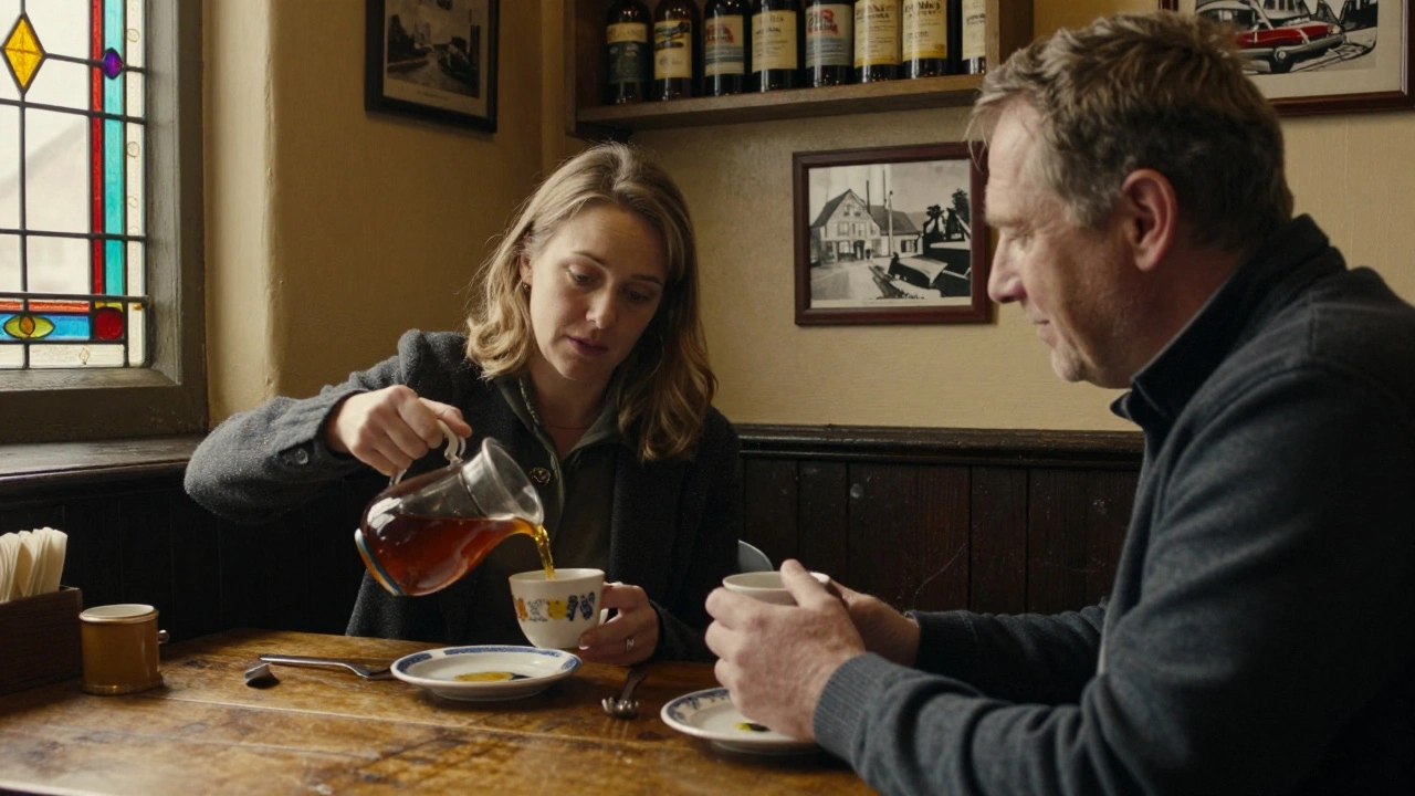 Two people share tea in a cozy pub corner, stained glass casting colored light, deep in quiet conversation.