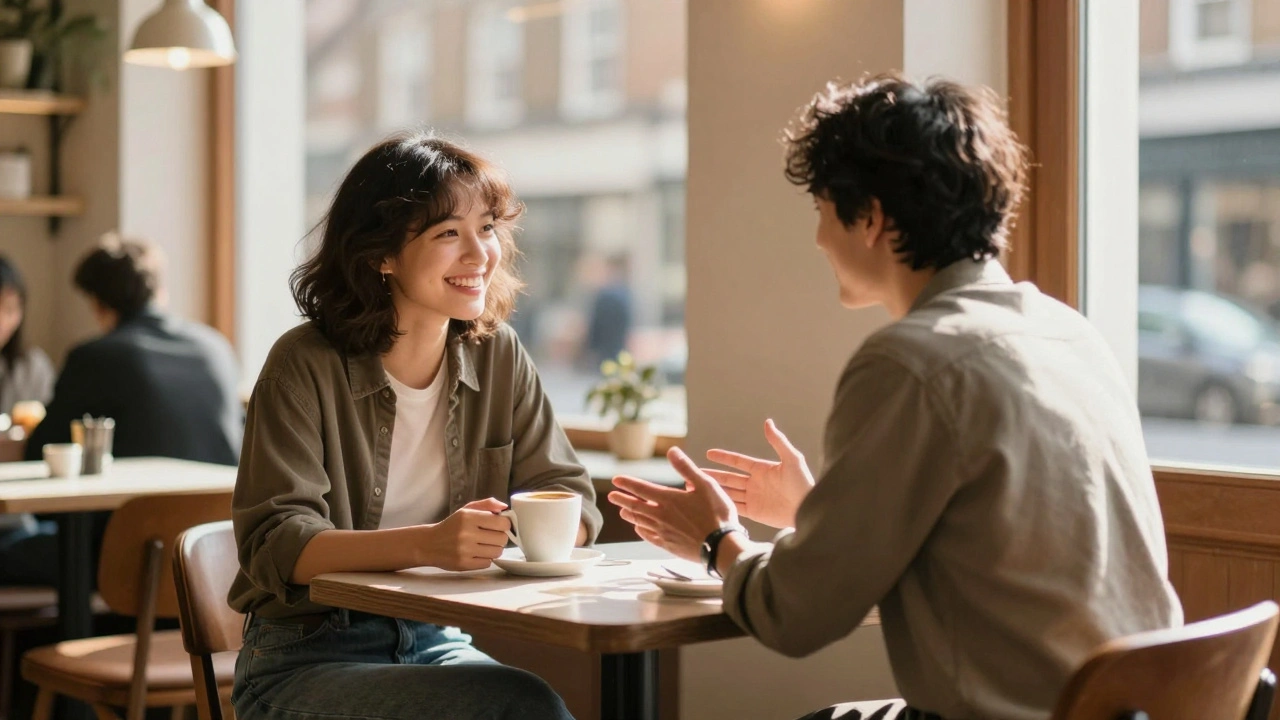 Two people smiling and talking warmly in a sunlit London café, representing genuine human connection.
