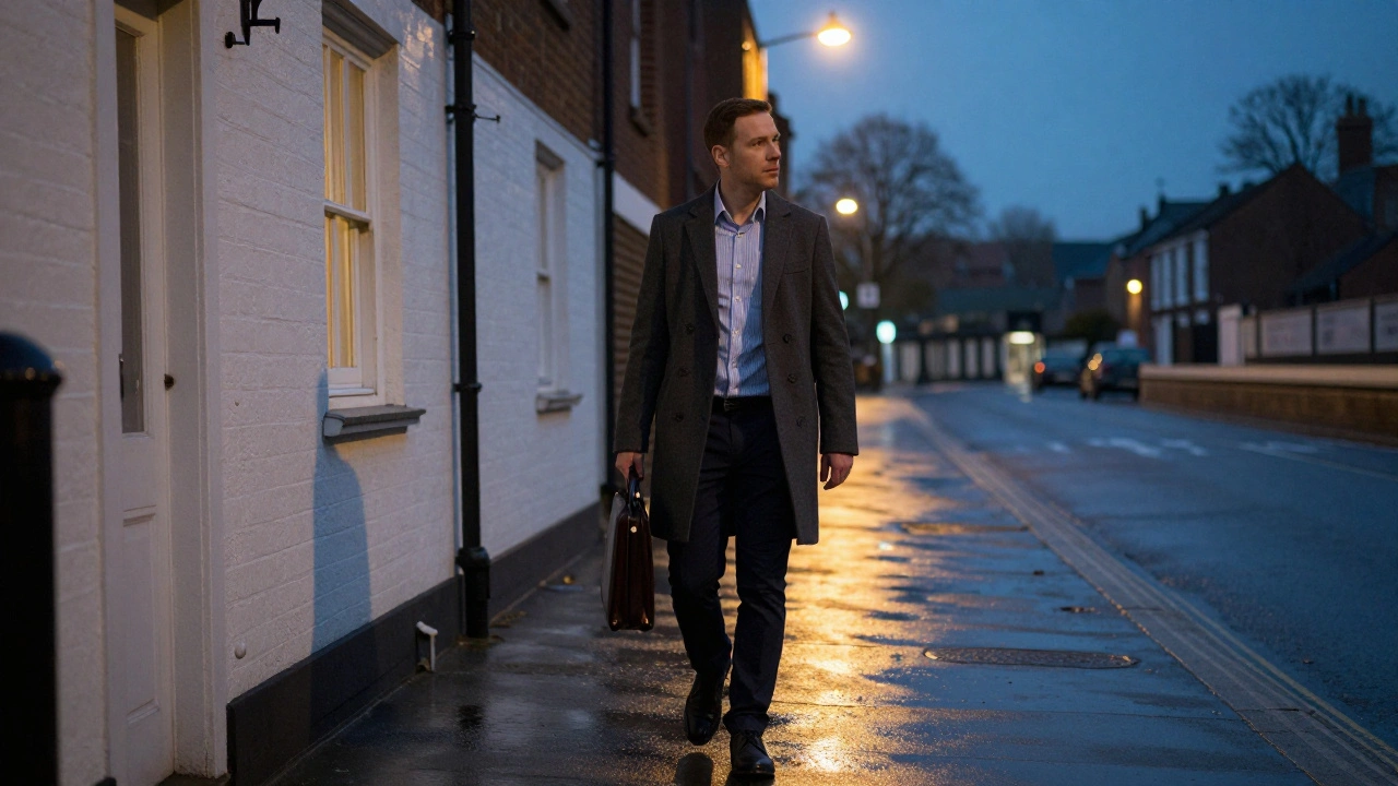 A business traveler walking past a discreet guesthouse on Cranford Lane at twilight, briefcase in hand.