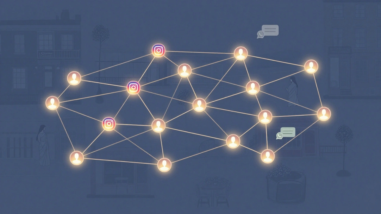 A conceptual map of discreet London meeting points connected by glowing threads, each marked by a faint sari silhouette.