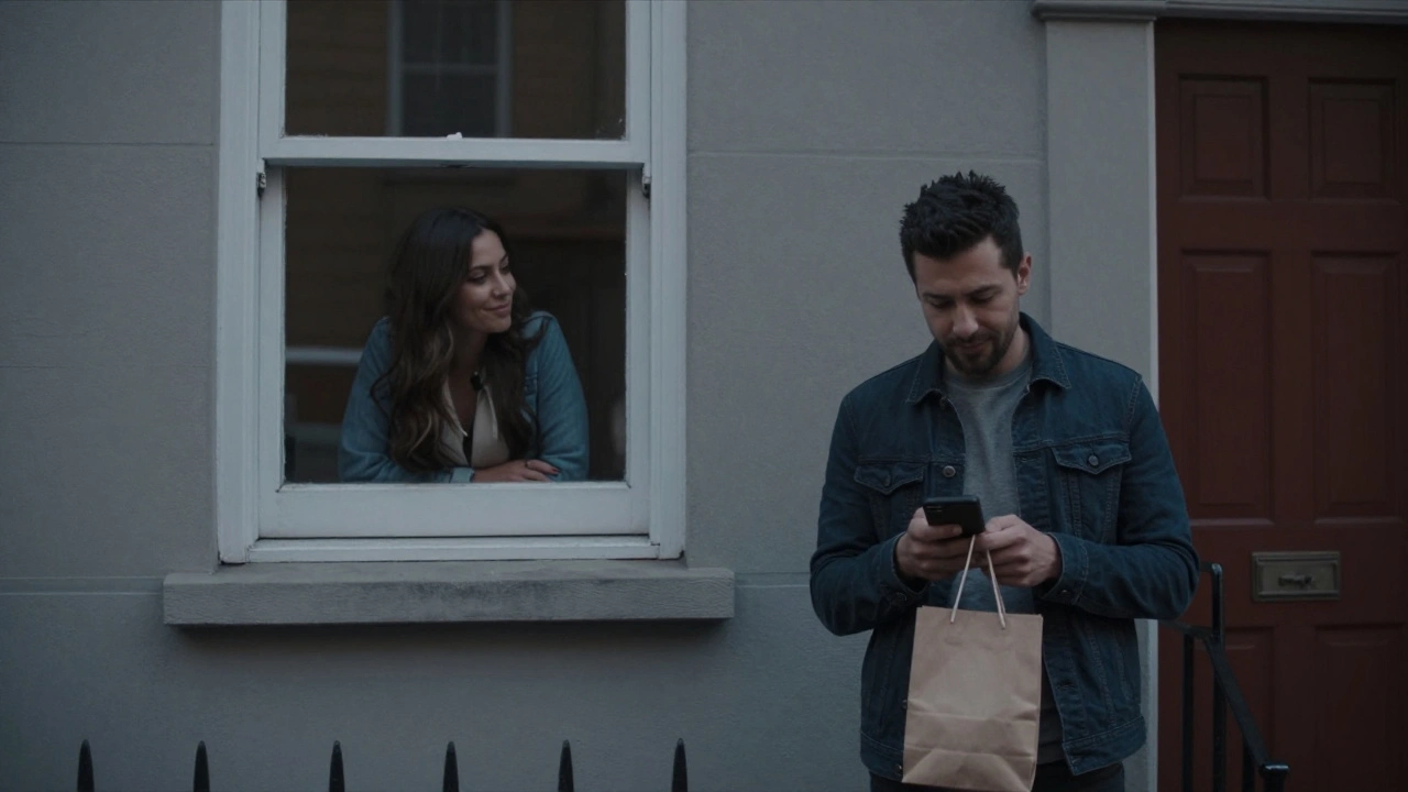 A man texts a friend outside a residential building in Chelsea while a woman smiles warmly from a window.