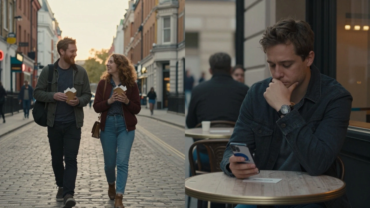 A man walking with a companion in Covent Garden, then sitting alone reflecting — contrasting connection and solitude.