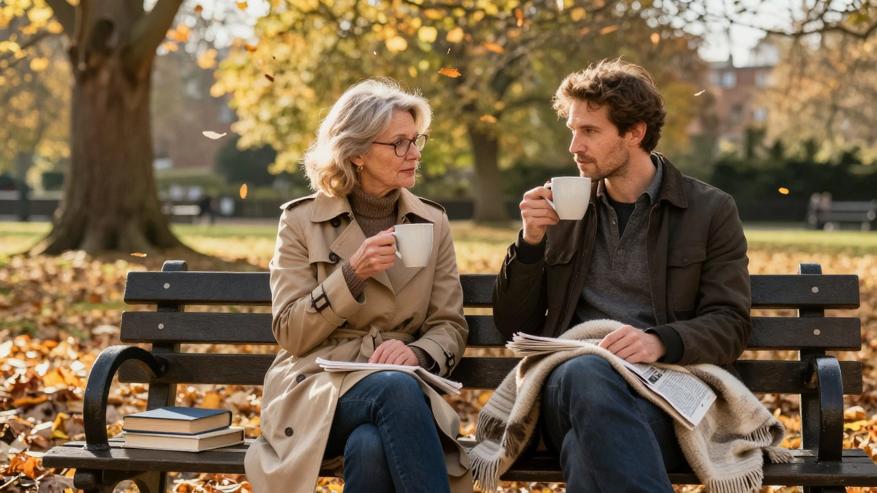 A mature woman and man sharing coffee and a blanket on a sunlit London park bench, surrounded by autumn leaves.